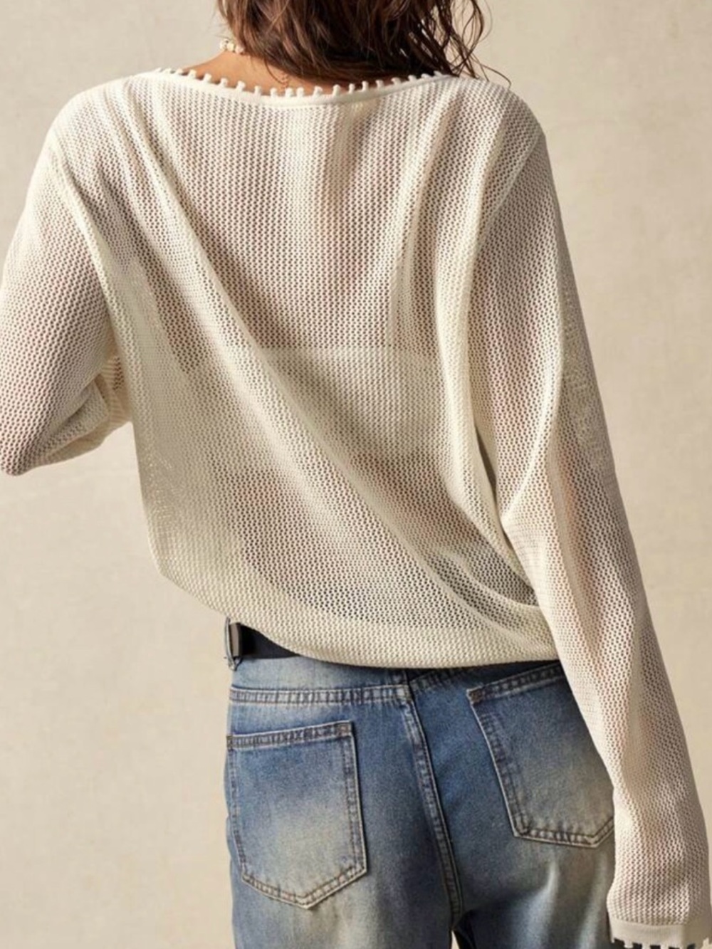 Love patch top long sleeve Knit 'LOVE' Pullover Sweater crochet- Cream white - Picture 3 of 3
